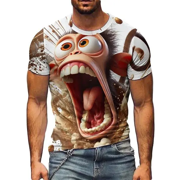 Men's Oversized Short-Sleeve Crew Neck T-Shirt, Polyester Breathable Fabric, Quirky 3D Monkey Face Print, Casual Streetwear Top, Loose Tropical Vibe, Versatile for Pairing with Jeans