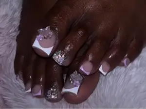 Floral Butterfly Bling Purple French Tip Press On Toe Nails, Elegant Foot Care Classic Style Easy Application