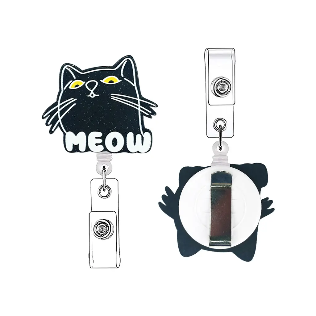 A work card retractable buckle, Retractable badge holder, with cartoon black cat image, the black cat is designed with yellow eyes, equipped with a retractable structure and a card clip, it can be used to hang work cards, suitable for scenes
