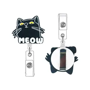 A work card retractable buckle, Retractable badge holder, with cartoon black cat image, the black cat is designed with yellow eyes, equipped with a retractable structure and a card clip, it can be used to hang work cards, suitable for scenes