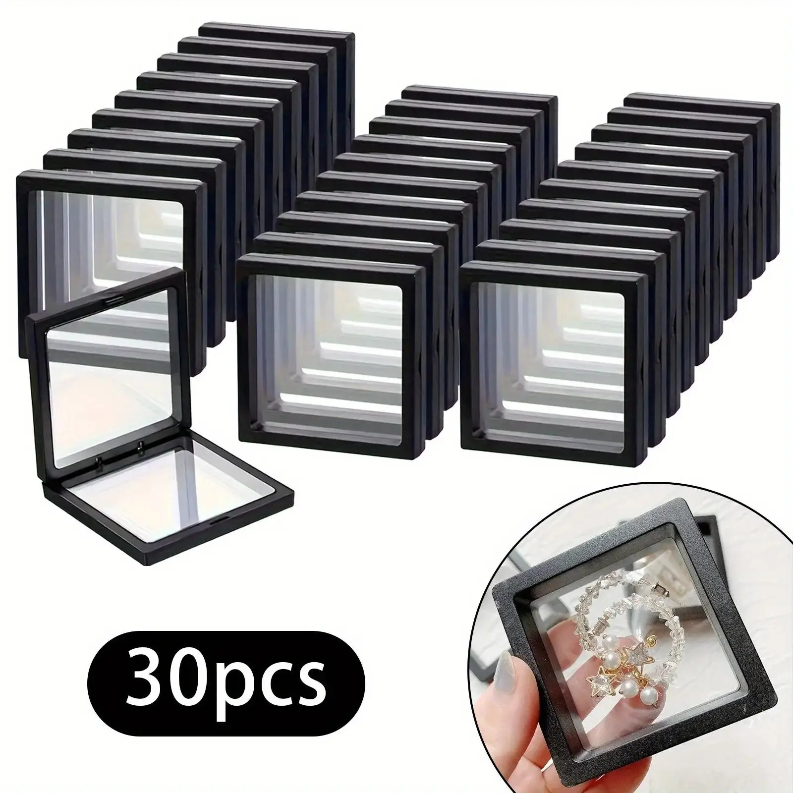 30pcs 3D Floating Plastic Display Box with Elastic Film, Dustproof Organizer Boxes Storage Box Jewelry Accessories Box for Necklaces Bracelets Rings, Snap Closure, Christmas Gift