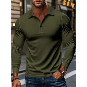 Men's Ribbed Texture Long Sleeve Polo Shirt, Comfortable Fit for Daily Wear, Stylish Design Suitable for Work & LeisureGift