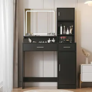 Modern Makeup Vanity Dressing Table with Mirror and Lights, Bedroom Makeup Vanity Desk with 2 Drawers and Side Cabinet, 3 Lighting Modes Adjustable Brightness, for Bedroom, Women, Girls, black