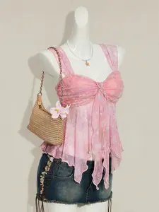 Summer Beach Vacation Ditsy Floral Mesh Halter Top, Cute Asymmetrical Hem Sleeveless Women's Transparent Shirt, Small Fresh Style