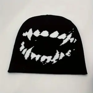 Unisex Warm Beanie Skull Cap with Tooth Graphic, Black & White Elastic Knit Hat, Hip Hop Style for Women and Men, Trendy and Comfortable Winter Headwear