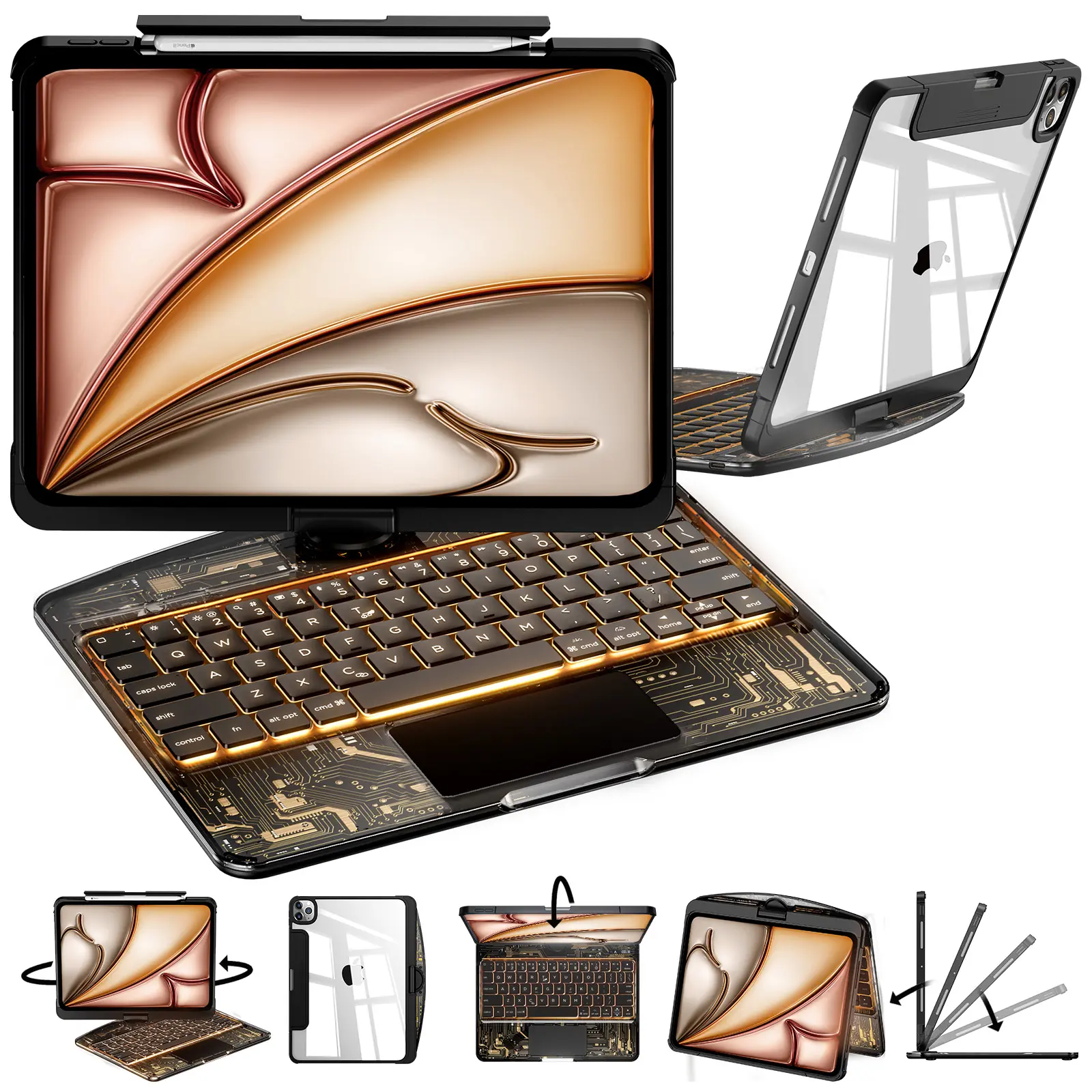 NAIDUN Portable Swivel Transparent Bluetooth Keyboard Case, Multi-Touch Tablet Keyboard for iPad, Portable Keyboard