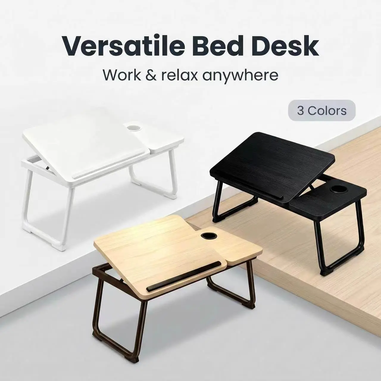 Multifunctional Foldable Computer Desk, Height & Angle Adjustable Laptop Table with Cup & Snack Holder, Sturdy Metal Legs, No Assembly Required, Space Saving Portable Workstation for Home Office, Couch & Study, Fits Laptop & Tablet