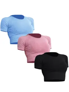 Women's Solid Color Ribbed Crop Sports Tee, Gym Performance Top, Casual Comfy Breathable High Stretch Sporty Short Sleeve Round Neck T-shirt for Yoga Gym Workout Running, Ladies Sportswear for All Seasons, Gym Workout Tops, Fitness Running Tops