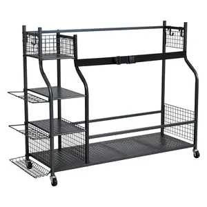 Father's Day Gift Spring new arrivals Golf Storage Garage Organizer, 3 Golf Bag Stand Holder and Other Sports Equipment Storage Rack, Rolling Ball Cart on Wheels, Outdoor Sport Gear and Toy Storage with Baskets & Hooks, Steel, Black Stainless Auto Tool Se