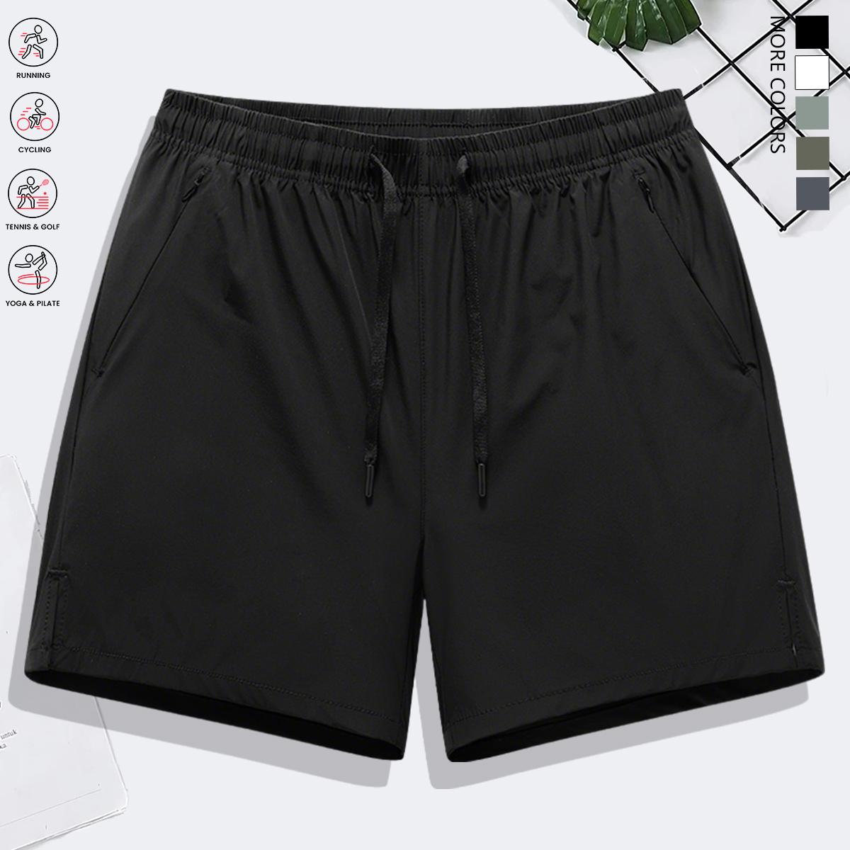 Men’s solid-color casual shorts with zippered pockets; summer fashion drawstring athletic shorts suitable for fitness and outdoor wear; comfortable shorts with a casual, minimalist style featuring letter print and drawstrings.