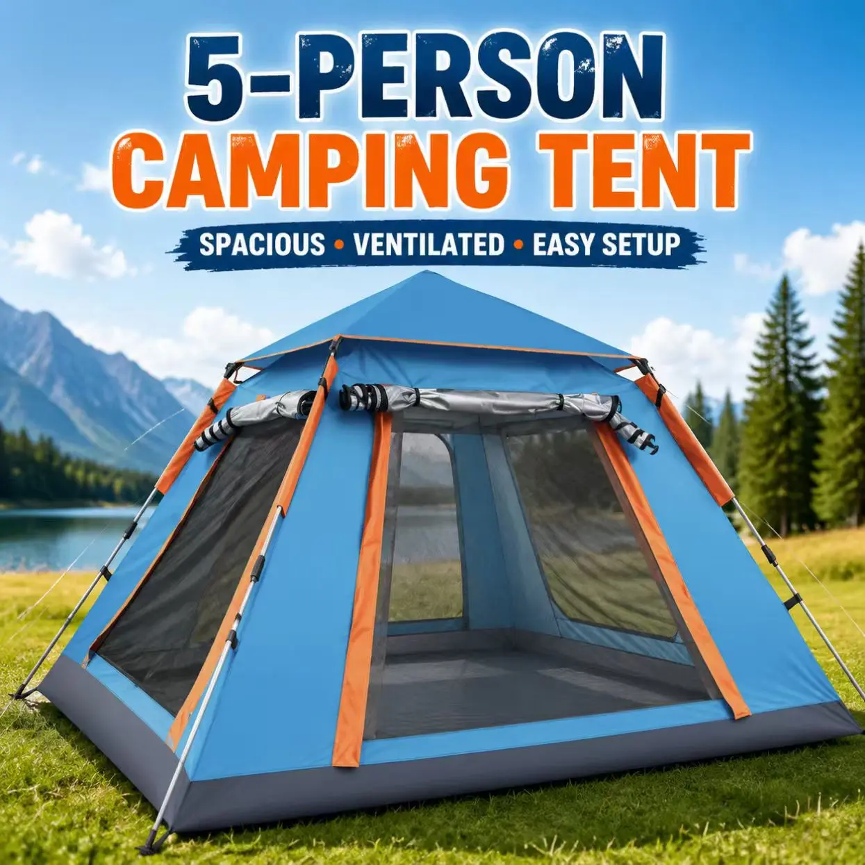 LakeForest 4-5 Person Pop-Up Camping Tent, Outdoor Foldable Waterproof Tent with 2 Mesh Windows & Carry Bag for Hiking, Climbing-3381