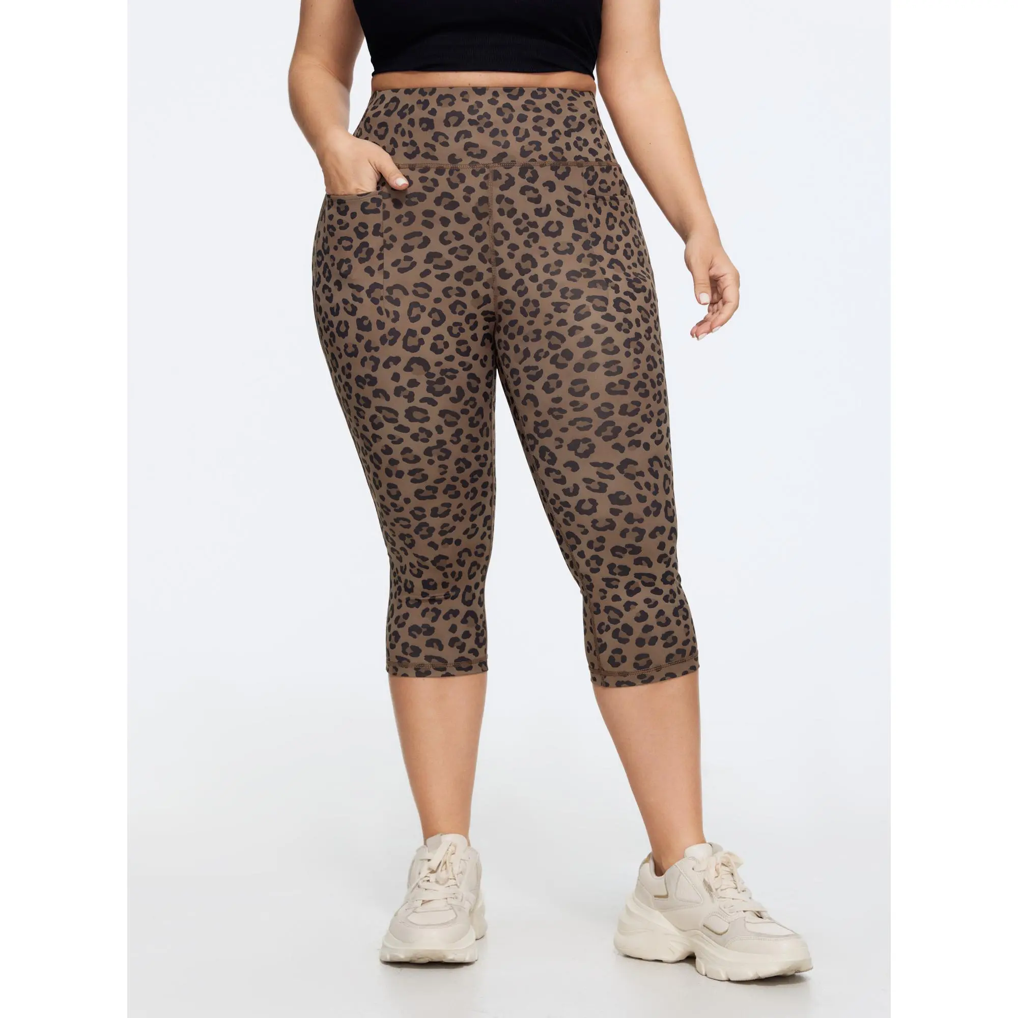 BloomChic Plus Size Casual Leopard Print Capri Leggings, Stretchy Spandex Fit Fabric with a Wide Waistband and Side Pocket