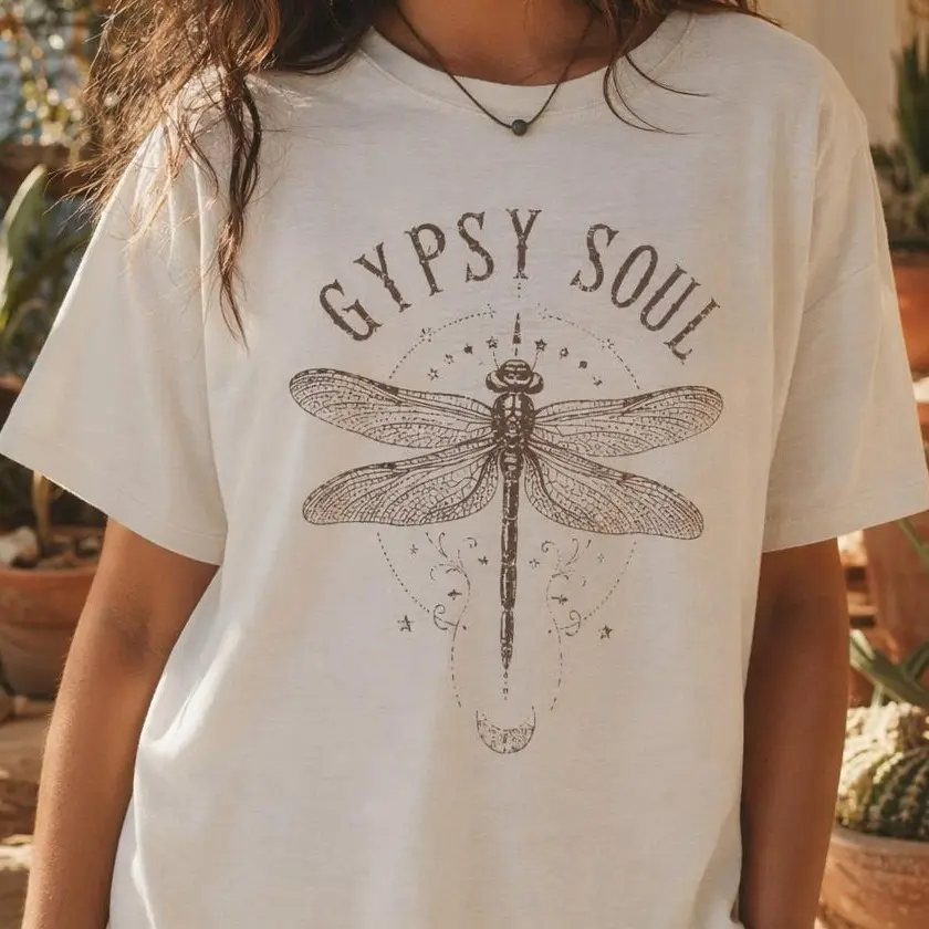 Boho Dragonfly Shirt Women Gypsy Soul Graphic Tee Plus Size Vintage Mystical Top