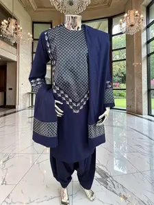 Small Midnight Navy Hand Embroidered Afghan Parahan Tunban Set with Matching Chadder