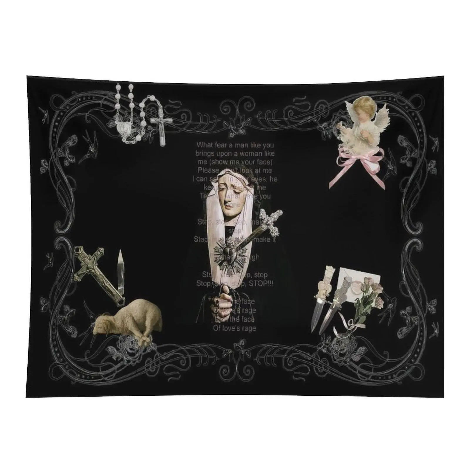Dark Gothic Religious Collage Wall Tapestry Vintage Nun Cross Angel Dagger Rose Artwork Black Background Mysterious Aesthetic Room Wall Decoration
