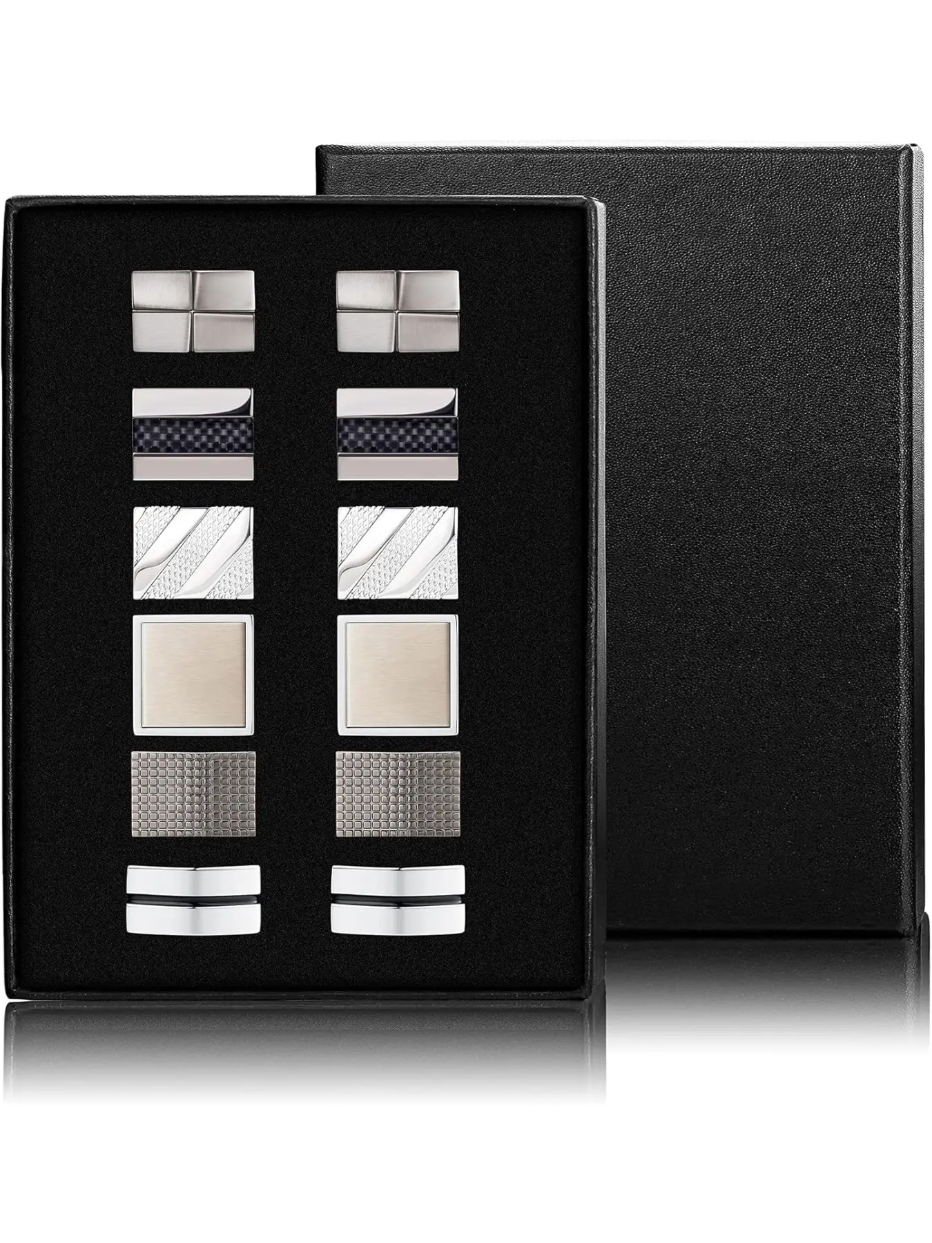 6 Pairs Classic Vintage Black Striped Silver Cufflinks Set for Men, Business Wedding Groom Best Man Dress Cufflinks