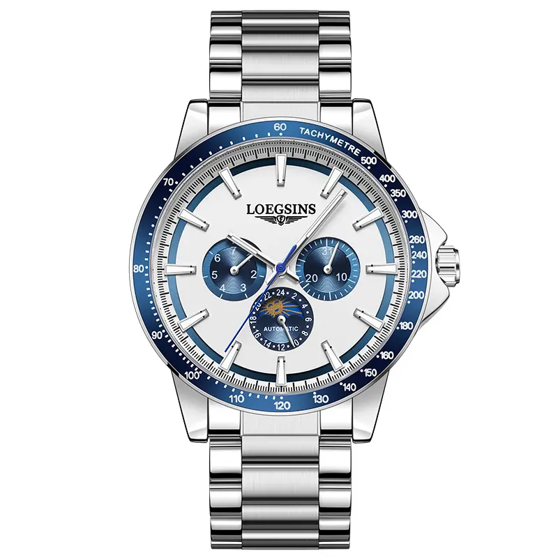 LOEGSINS luxurious men’s automatic mechanical wristwatch featuring a Swiss-made movement, calendar function, sapphire crystal glass dial, stainless steel strap, and water-resistant design with luminous display.