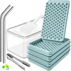 0.55in Mini Ice Cube Trays - Tiny Pebble Ice for Iced Coffee & Cocktails - Fast Chill, Easy Twist Release - Stackable with Lid, Storage Bin, Tongs, 2 Straws (4 pack, Blue)