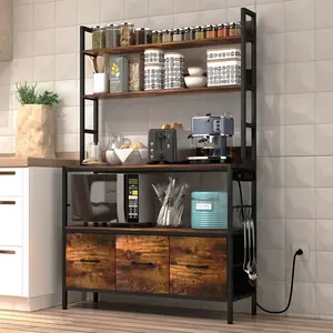 NAIYUFA Kitchen Bakers Rack with Power Outlet, Metal Kitchen Rack Organizer with Hooks, Adjustable foot, Power Outlet storage Wood Basket