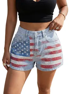 JR JEANIUS WEAR 2026 TikTok Shop US Gear Up For Memorial Day Jeanius Women’s High Waisted High Stretch Fitted High Elastic Medium Wash Denim Shorts - Streetwear Style, Vintage American Flag Print, Button-Accented Stretchy Fabric for 4th of July Summer,sum