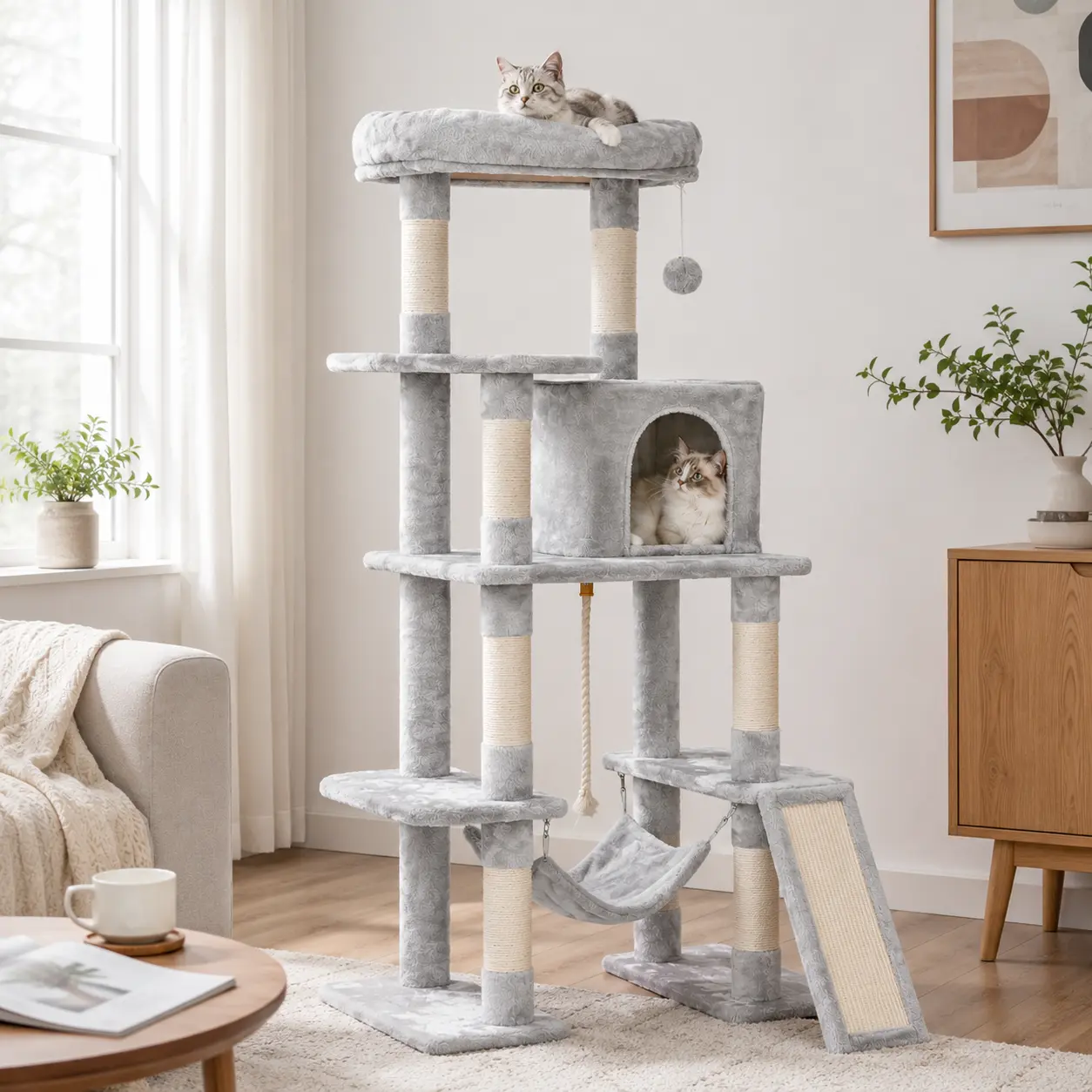 Costoffs 63in Multi-Level Indoor Cat Tree - Natural Sisal Scratching Posts, Kitten Condo, Vertical Pet Furniture Activity Center