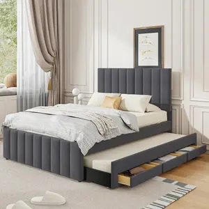 Full Size Upholstered Platform Bed with Twin Size Trundle and 3 Drawers, Full Size Bed Wood Frame with Headboard and Reinforce Slats, No Box Spring Needed, Linen Fabric, Gray