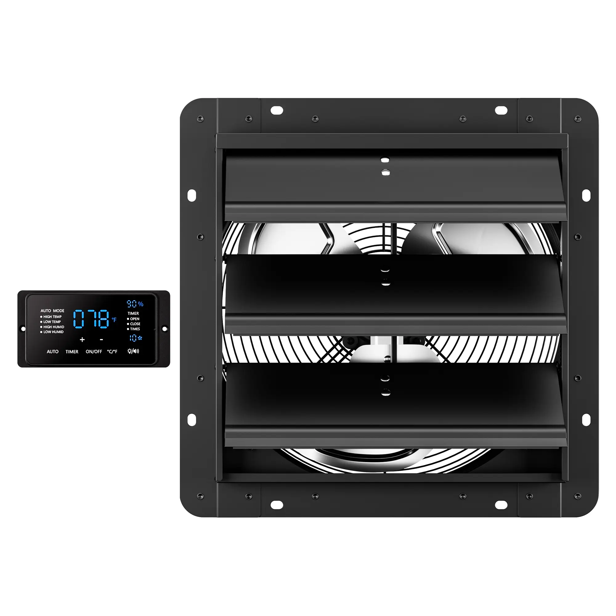 CAMMOO 14-16-18-20 Inch EC Motor Shutter Exhaust Fan, 6 Inch Large Touchscreen Controller for Temp Humidity and Speed Control, 10-Speed Wall Mount Fan for Attic, Greenhouse, Garage, Chicken Coop Ventilation