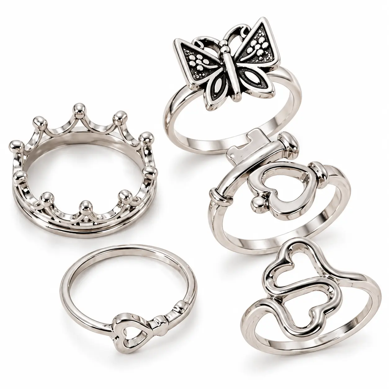 5PCS Silver Stackable Rings Set for Women, Vintage Butterfly, Crown, Heart & Floral Design Adjustable Rings, Dainty Layered Finger Rings, Trendy Fashion Jewelry for Daily Wear, Parties & Special Occasions