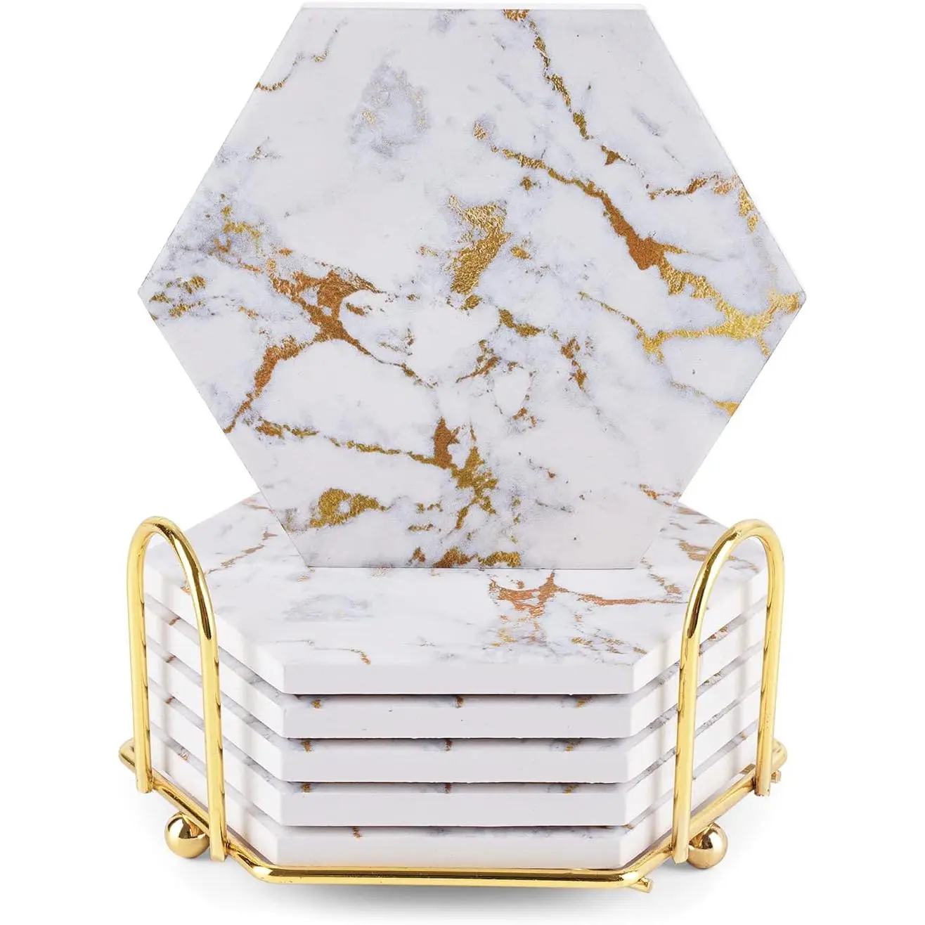 Marble Gold Coasters for Drinks Absorbent with Cork Base, 6pcs Drink Coasters for Wooden Table with Metal Holder, Gold Ceramic Cup Coaster Set Home Decor for Tabletop Protection