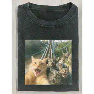 Retrocraft Round Neck acid wash T-Shirt, Fun Retro Roller Coaster Cat Pattern T-Shirt, Unisex Basic Short Sleeve, Distressed Texture All-Season Street Style Top, Machine Washable, Giftable Women'S Short Sleeve Shirt