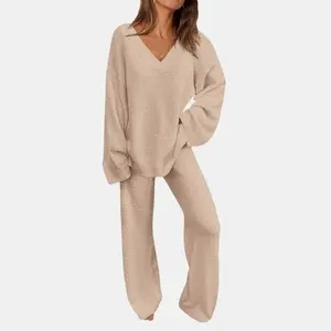 PRETTYGARDEN Women's 2-Piece Lounge Set Soft Chunky V Neck Tops & Wide Leg Long Pants Basic 100% Polyester Tracksuit Loungewear Minimalist Homewear Pajama