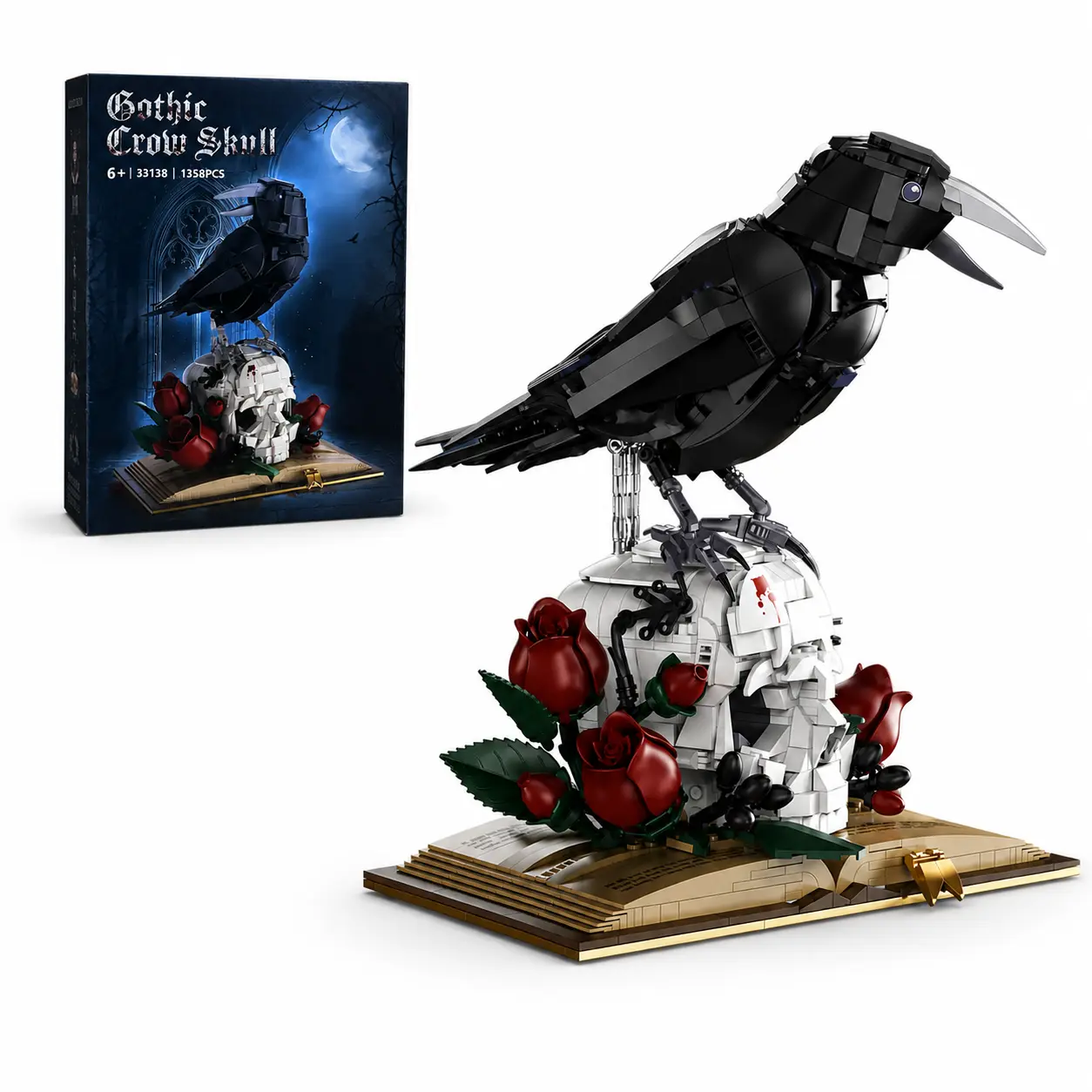 Midnight Raven Skull Building Block Set, 1358-Piece Gothic Model Kit with Black Bird, Red Rose & Open Book Display, DIY Construction Toy for Adults, Dark Academia Home Office Decor, Halloween Gift christmas birthday gift