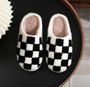 Checkered Slippers Men Women's Funny Fluffy Slip-On House Indoor Outdoor Shoes Memory Foam Warm Plush Soft Cozy Comfy Home Non-Slip Bedroom Slippers for Winter Christmas Gift