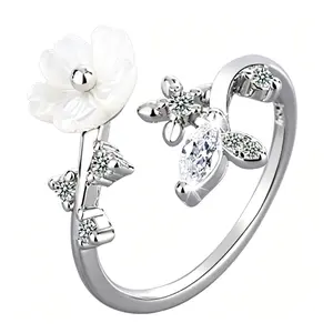 Elegant Double‑Leaf Floral Open Ring for Women, White Shell Flower & Zircon Adjustable Ring, Dainty Daily Wear Jewelry, Cute Minimalist Gift for Her, Stylish Stackable Accessory