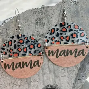 Mama leopard print peachy colored wooden earrings