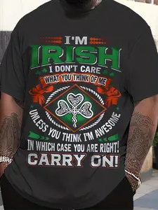 HSY Men's St Patrick's Day T-Shirt - 3D Digital Clover Letter Print with Irish Pride Slogan, 180g Cotton  Casual Tee, Machine Washable Regular Fit Short Sleeve Shirt for Holiday Gifts & Cas Men's Casual Short Sleeve Funny Graphic Tees T-Shirt