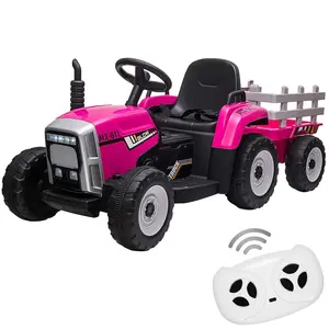 GARVEE 12V Battery Powered Electric Tractor with Trailer, Remote Control, 7-LED Headlights, 2+1 Gear Shift, Music Player, USB Port, Rose Red, 35W, EVA Tires for Ages 3-6