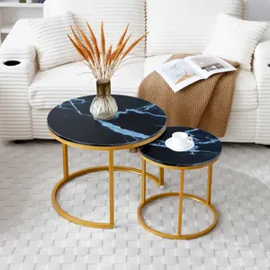 2 Piece Nesting Tables Circular Black And Marble Design Can Separate Or Combine Use As Coffee Table Side Table Or Display Shelf