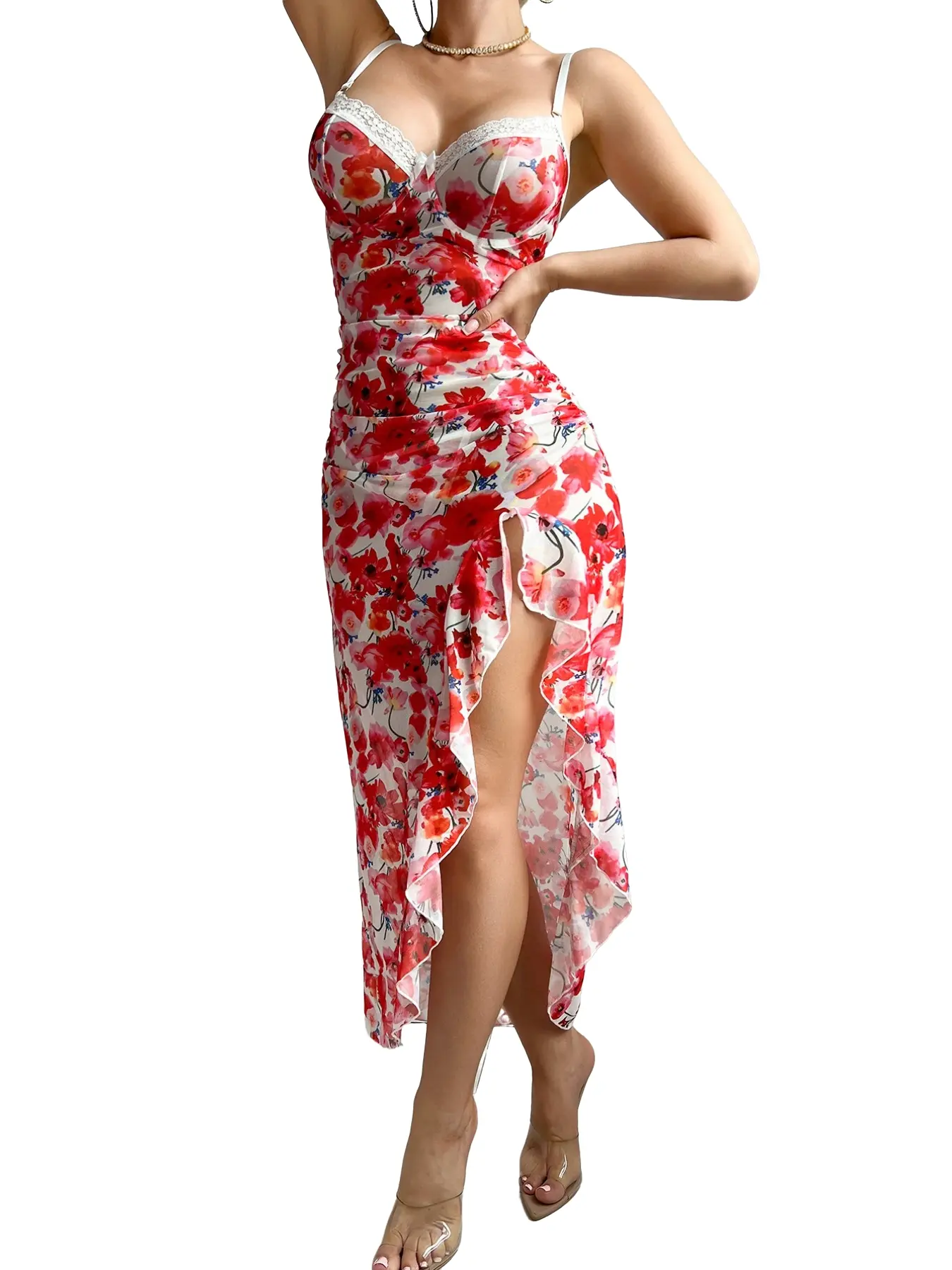 Valentine's Day Floral Midi Dress | Red Romantic Print Ruched Slit Sleeveless Spaghetti Strap Dress | Date Night Outfit Chic Womenswear