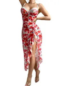 Valentine's Day Floral Midi Dress | Red Romantic Print Ruched Slit Dress | Date Night Outfit Chic