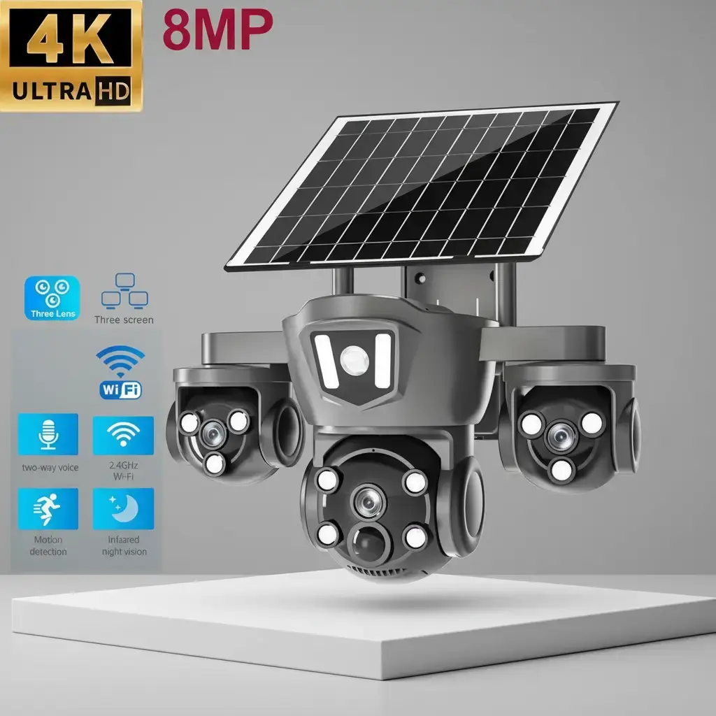 4K Solar Security Camera 3-Lens 355° Panoramic PTZ Color Night Vision 2-Way Talk Wireless WiFi Cloud Storage Easy Installation No SD Card Needed - Connection