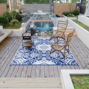 9' x 12' Waterproof Reversible Plastic Straw Outdoor Rug, Blue & White Floral Patio Mat for Backyard Porch, Portable Camping RV Picnic Carpet Decor