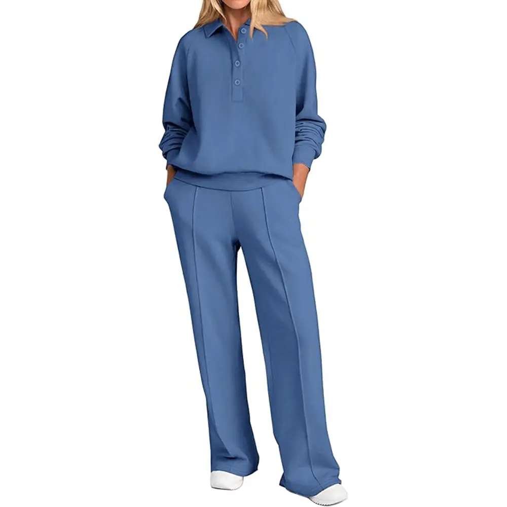 PrettyGarden Women Fall 2 Piece Outfits Sweatsuit Button Long Sleeve Sweatshirt Wide Leg Pants Tracksuit Lounge Sets,-Cozy Womensear