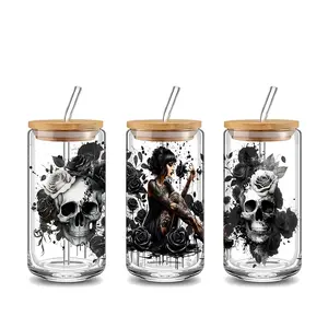 Gothic Black Rose Tattooed Girl Glass Tumbler with Lid & Straw, Leakproof Tumbler, 16oz covered straw glass drinking cup, reusable glass drinking cup, glass jar design, suitable for iced coffee, beer, juice, milk, cold drink glass cups, glassware