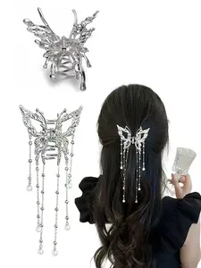 Large Non-Slip Butterfly Hair Claw Clip, Liquid Metal Silver Color Hair Claw with Pearl Tassels, Y2K Aesthetic Hair Accessory for Women