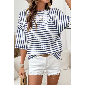 Blue Stripe Textured Knit Split Hem Half Sleeve Loose Top
