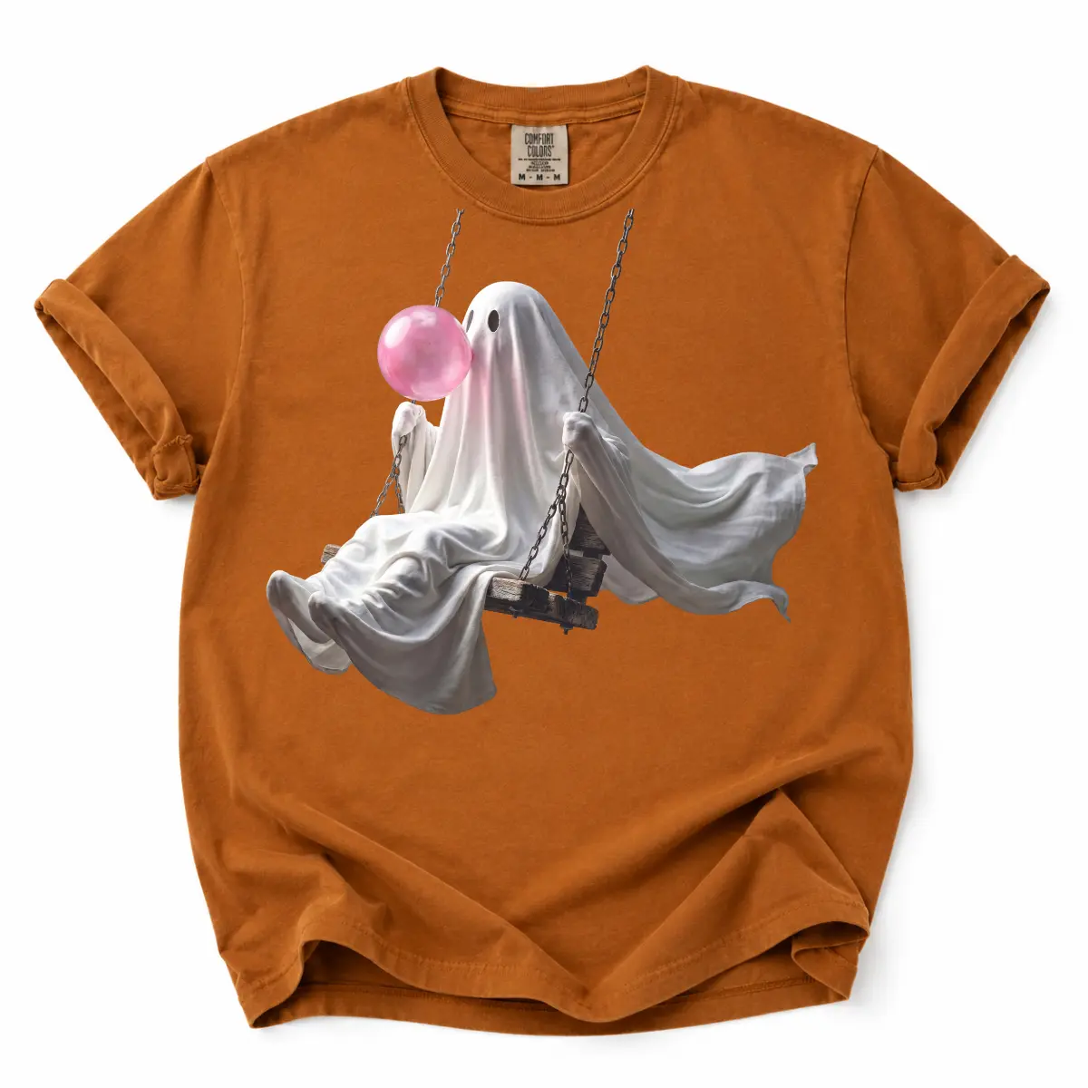 Comfort Colors Cute Ghost Swing T-Shirt - Spooky Ghost with Pink Bubble Gum Graphic, Perfect for Halloween Lovers, Soft-Washed Garment-Dyed Tee, Comfortable Unisex Menswear Tops