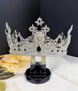 Vintage Lion King Crown Silver Crystal Tiaras for Groom Prince Wedding Headpiece Masquerade Ball Homecoming King Accessory