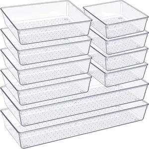 Drawer Organizer, 10 Pack Large Clear Plastic Set, 3 Size Versatile Bathroom and Vanity Organizer Trays, Storage Bins for Makeup, Bedroom, Kitchen Utensils