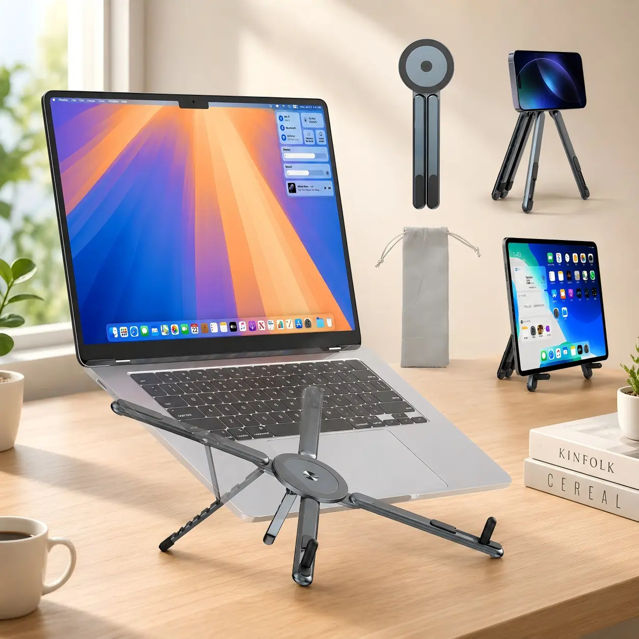 Adjustable Aluminum Laptop Stand for Desk - MagSafe Compatible, 8-Level Portable Foldable Computer Riser, N52 Magnetic Grip, 2.28×7.12×0.73in, 0.33lbs, for MacBook, iPhone, iPad, Tablet, Purses, Work Bags, Backpacks, Kindles, Ideal for Office, Traveling